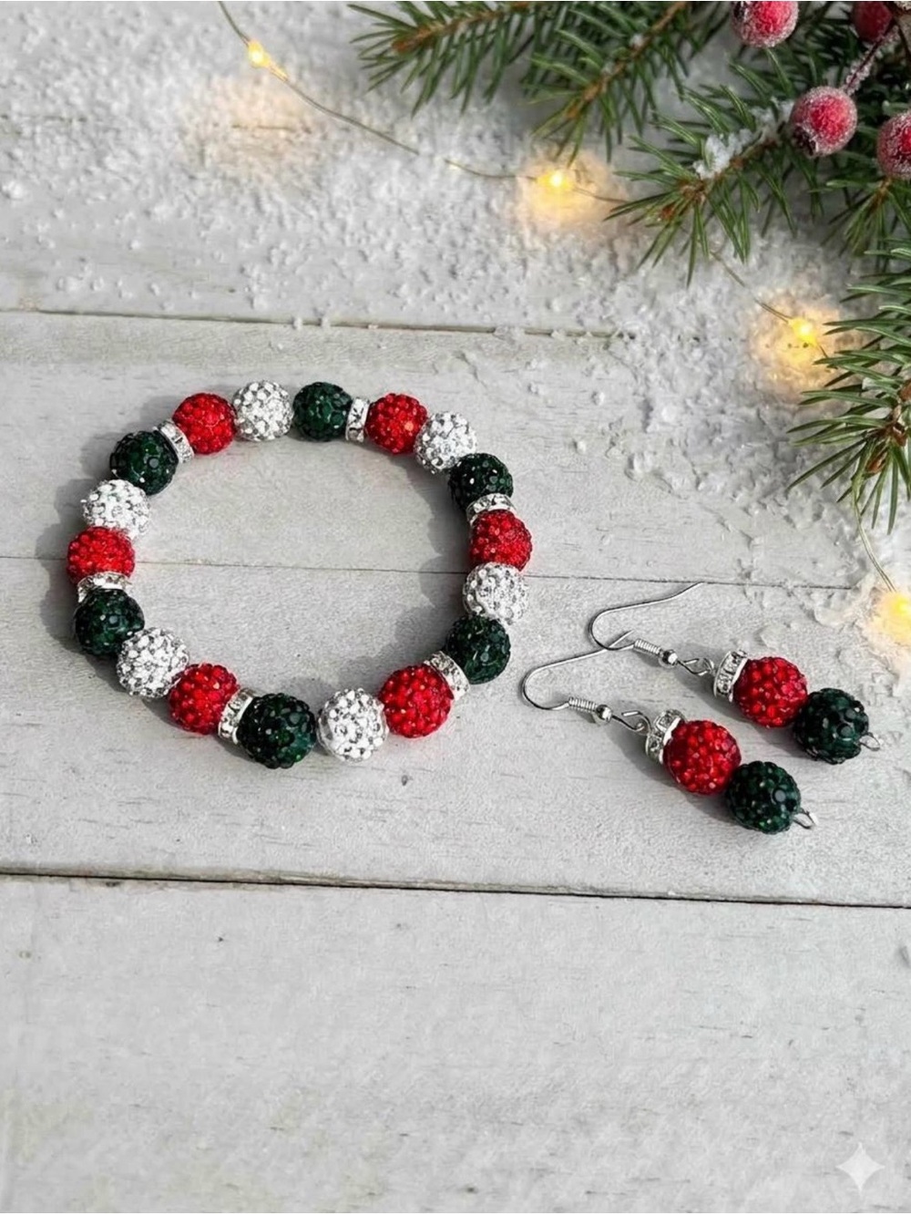 Sparkling Red, White & Green Crystal Bead Bracelet 7 inch Holiday Bracelet Set